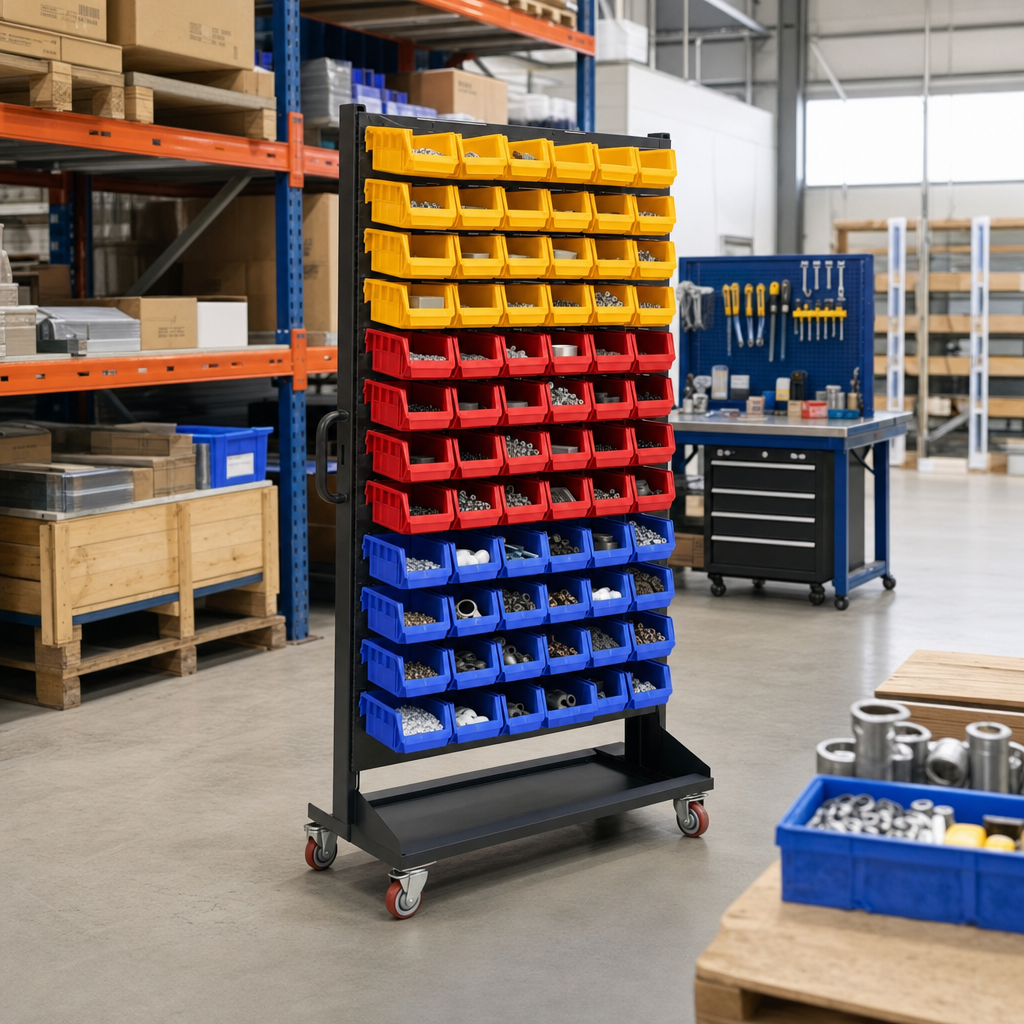 Single Sided Louvre Panel Trolley with Storage Bins