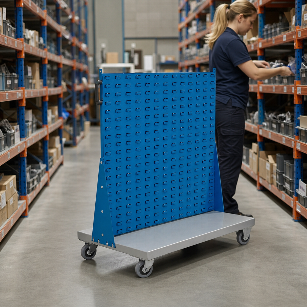 Single Sided Louvre Panel Trolley with Storage Bins