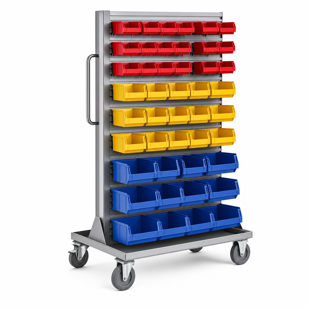 Single Sided Louvre Panel Trolley with Storage Bins