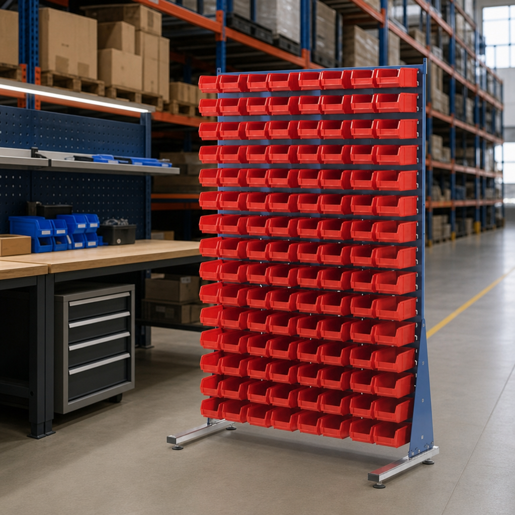 Single Sided Louvre Panel with Small Parts Picking Bins