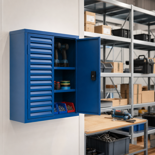 Small Blue Tool Cupboard with Louvre Panels – Flat Pack