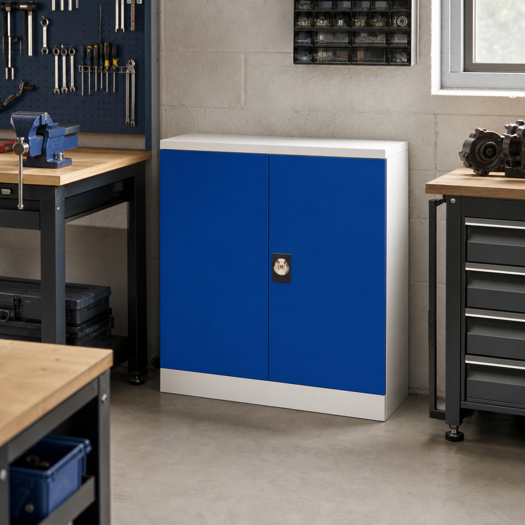 Small Blue Tool Cupboard with Louvre Panels – Flat Pack