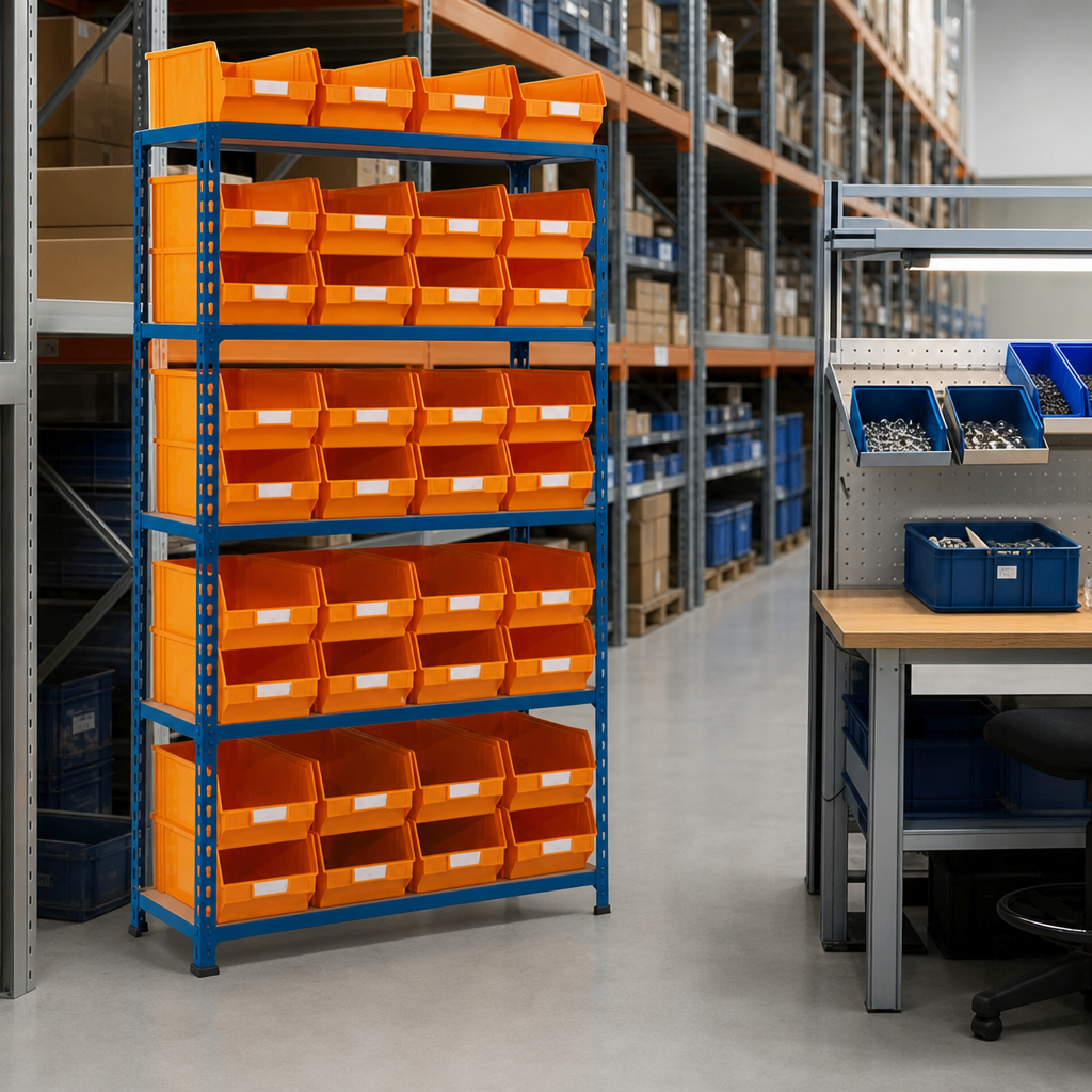 Small Parts Shelving Bay with 36 Plastic Picking Bins