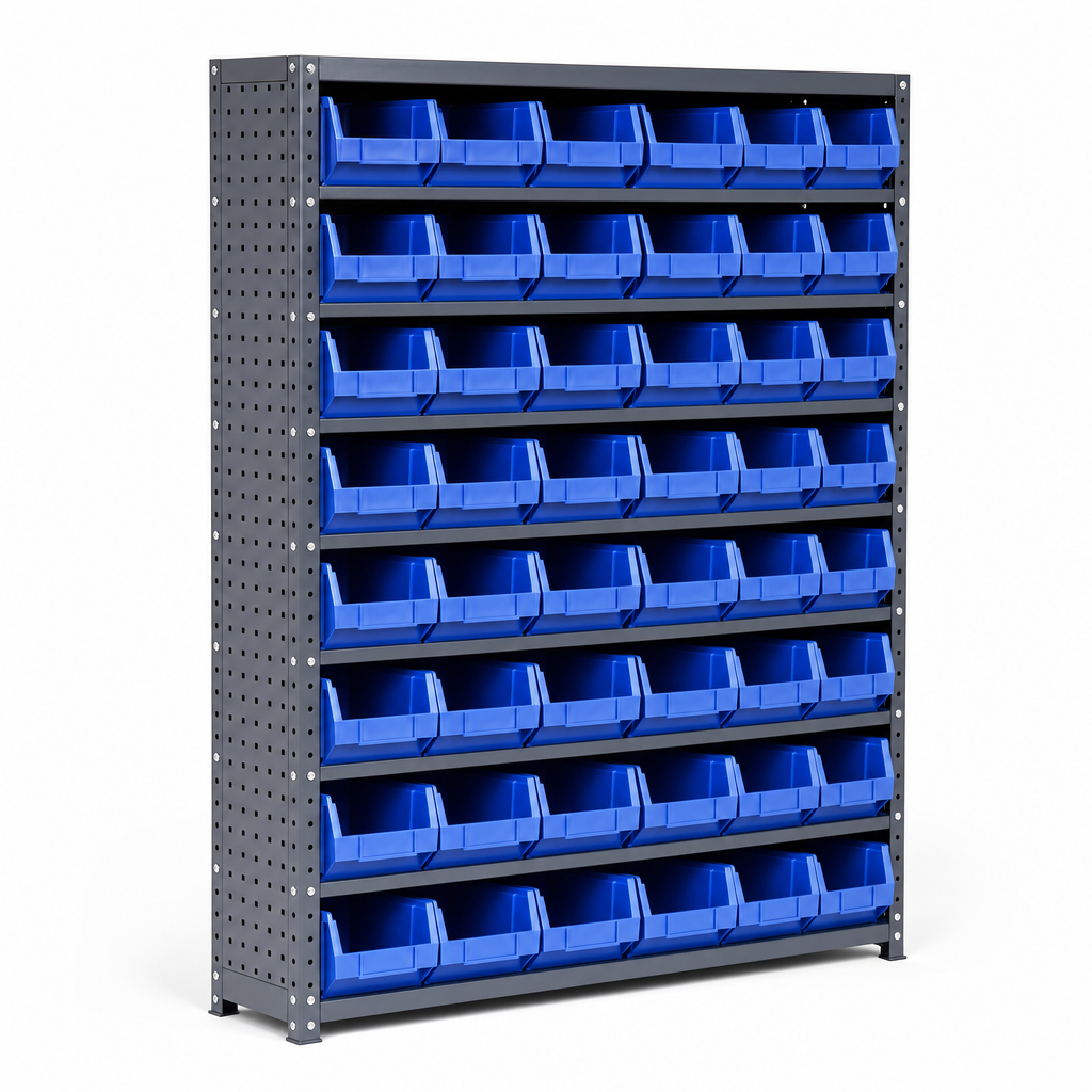 Small Parts Shelving Bay with 36 Plastic Picking Bins