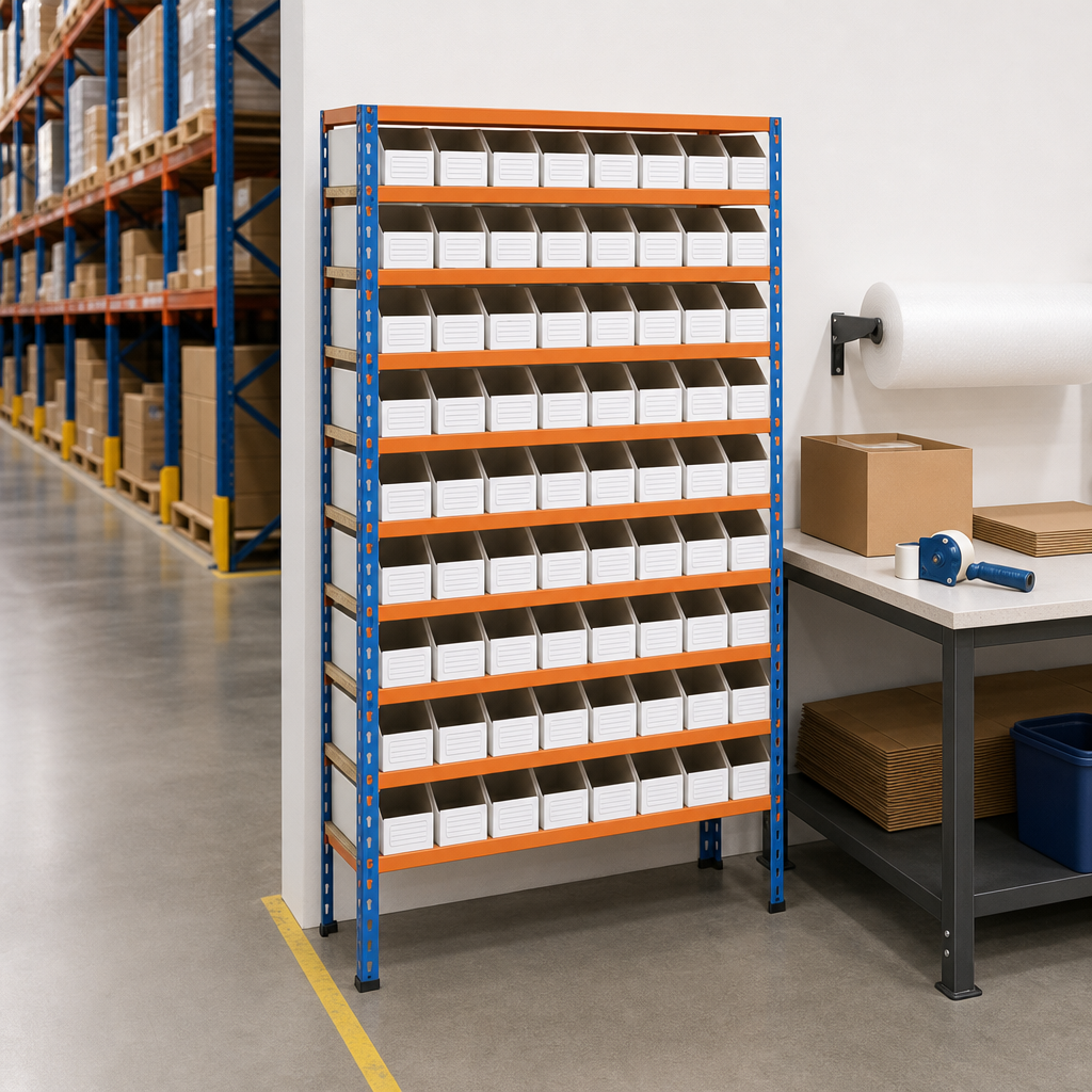 Small Parts Shelving with 72 Cardboard Picking Bins