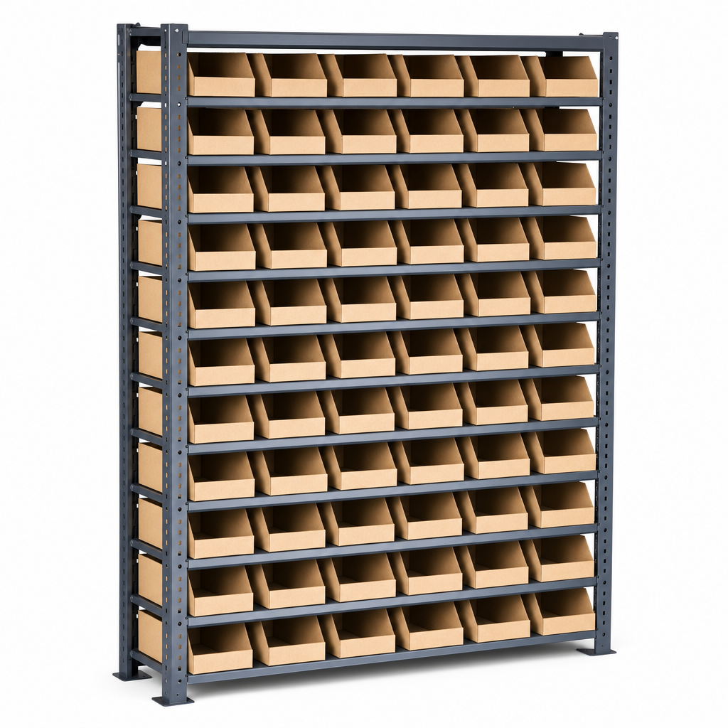 Small Parts Shelving with 72 Cardboard Picking Bins