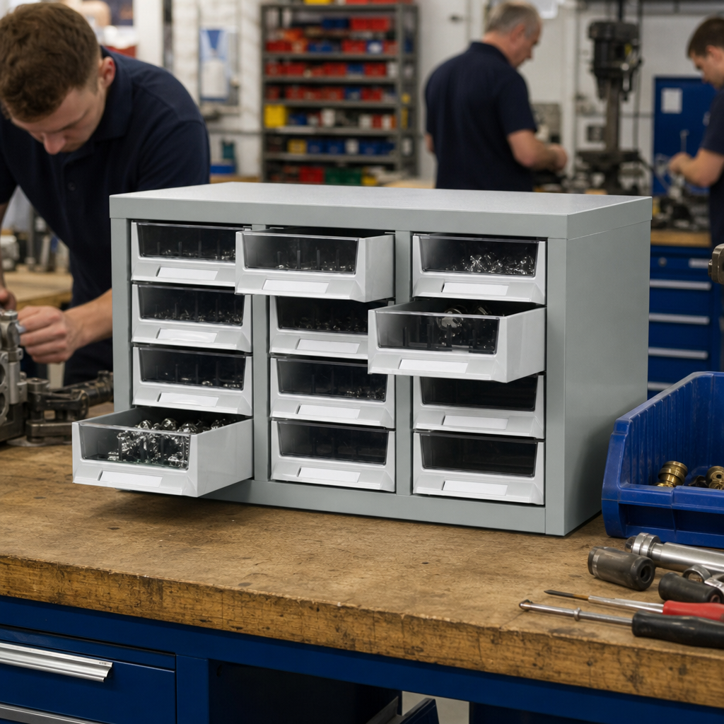 Small Parts Storage Cabinet with Plastic Bins