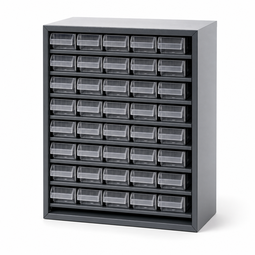 Small Parts Storage Cabinet with Plastic Bins