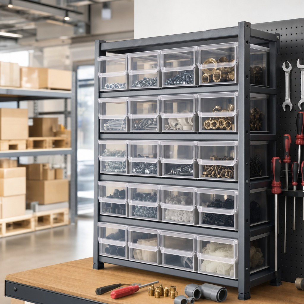 Small Parts Storage Unit with 16 Clear Boxes