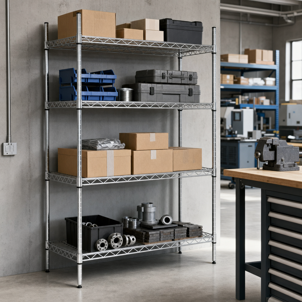 Square Chrome Wire Shelving Bay with 4 Adjustable Shelves