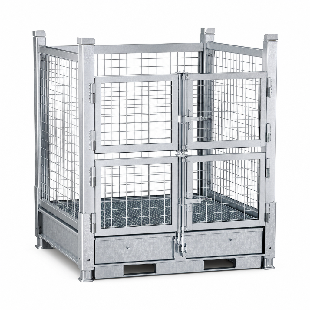 Stackable Pallet Retention Unit with Two-Way Access Gate