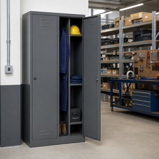Steel Clothing Locker with Wardrobe Compartment and Shelves