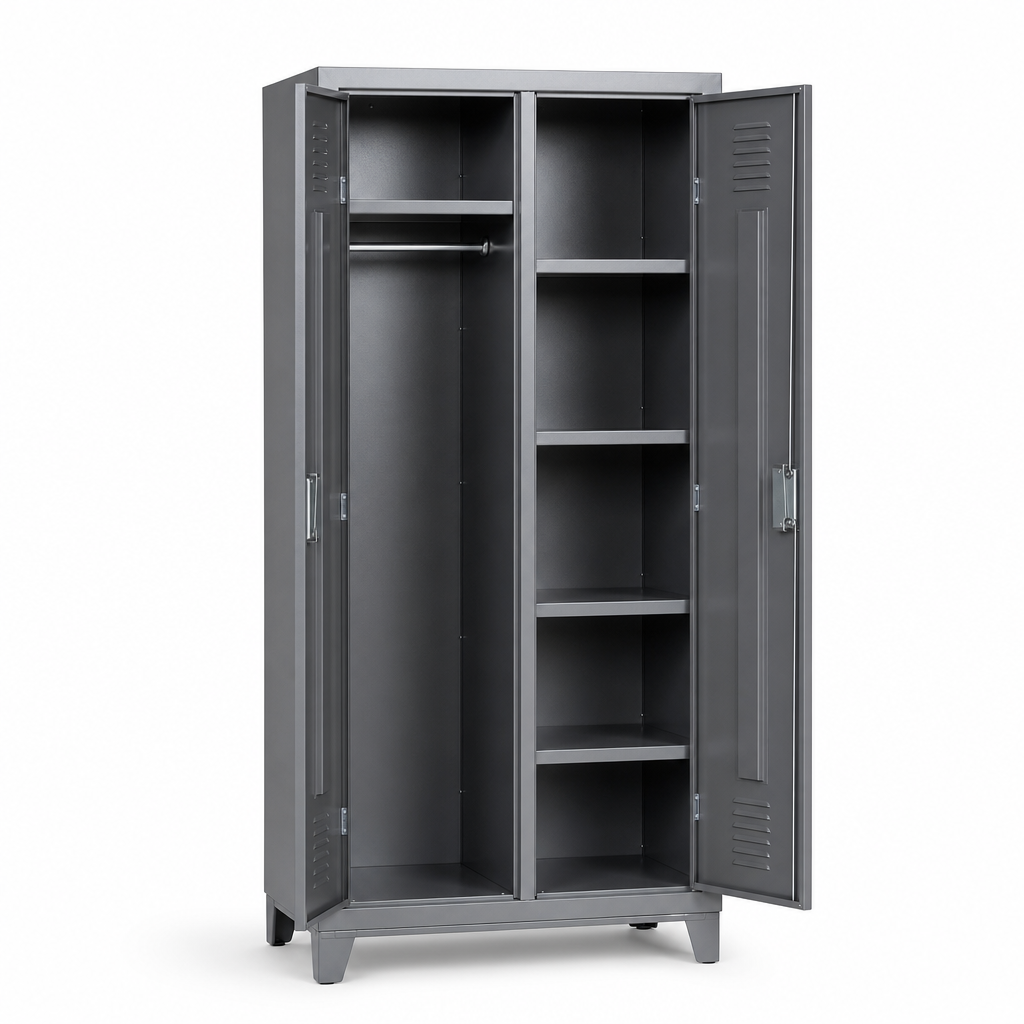 Steel Clothing Locker with Wardrobe Compartment and Shelves