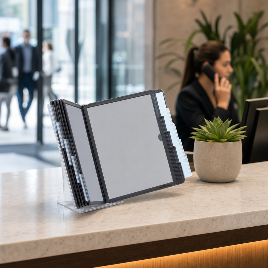 Steel Desk-Mounted Information Display with 10 A5 Pockets