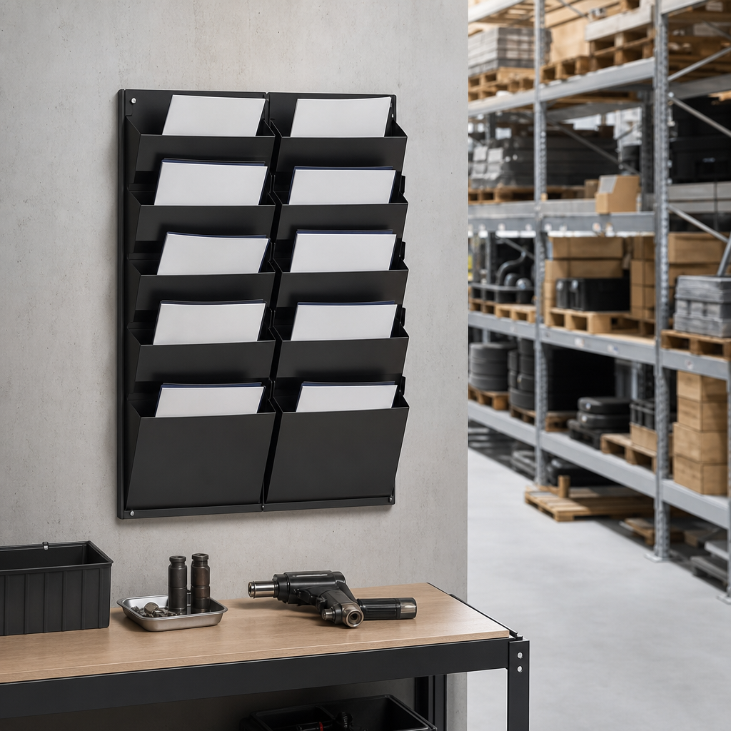 Steel Desk or Wall Display Unit with 10 Assorted A4 Pockets