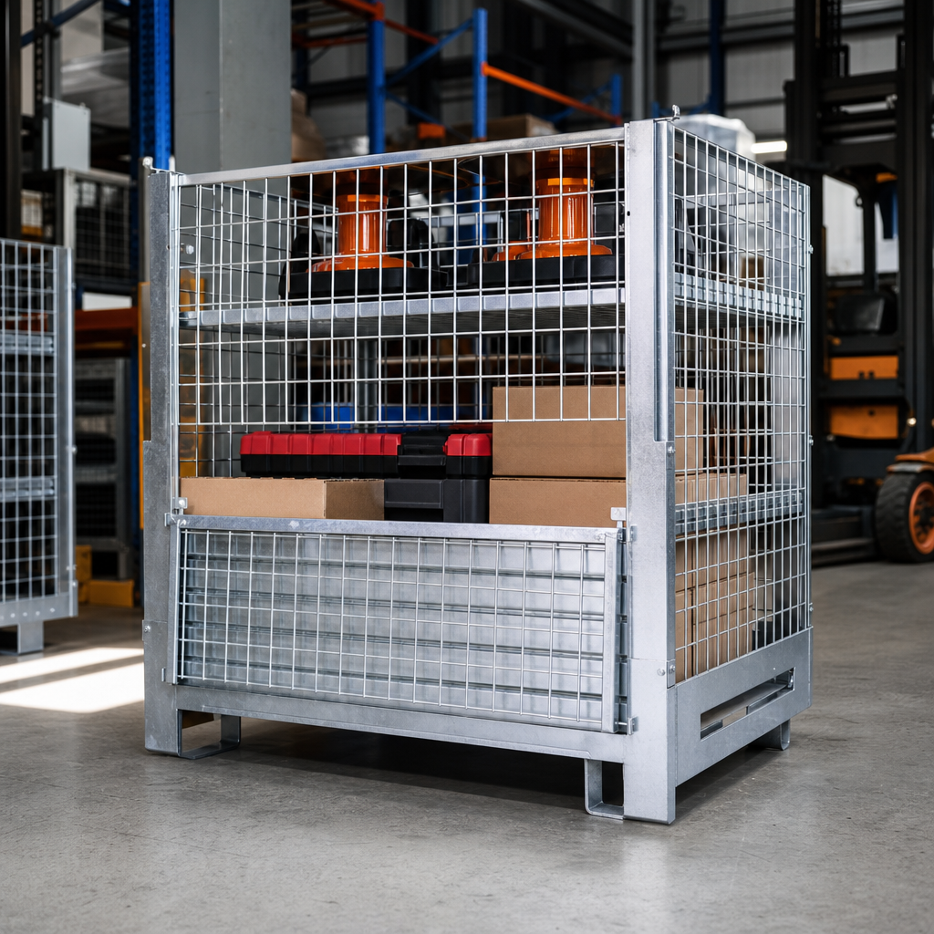 Steel Mesh Stillage with Half Drop Front and Forklift Guides