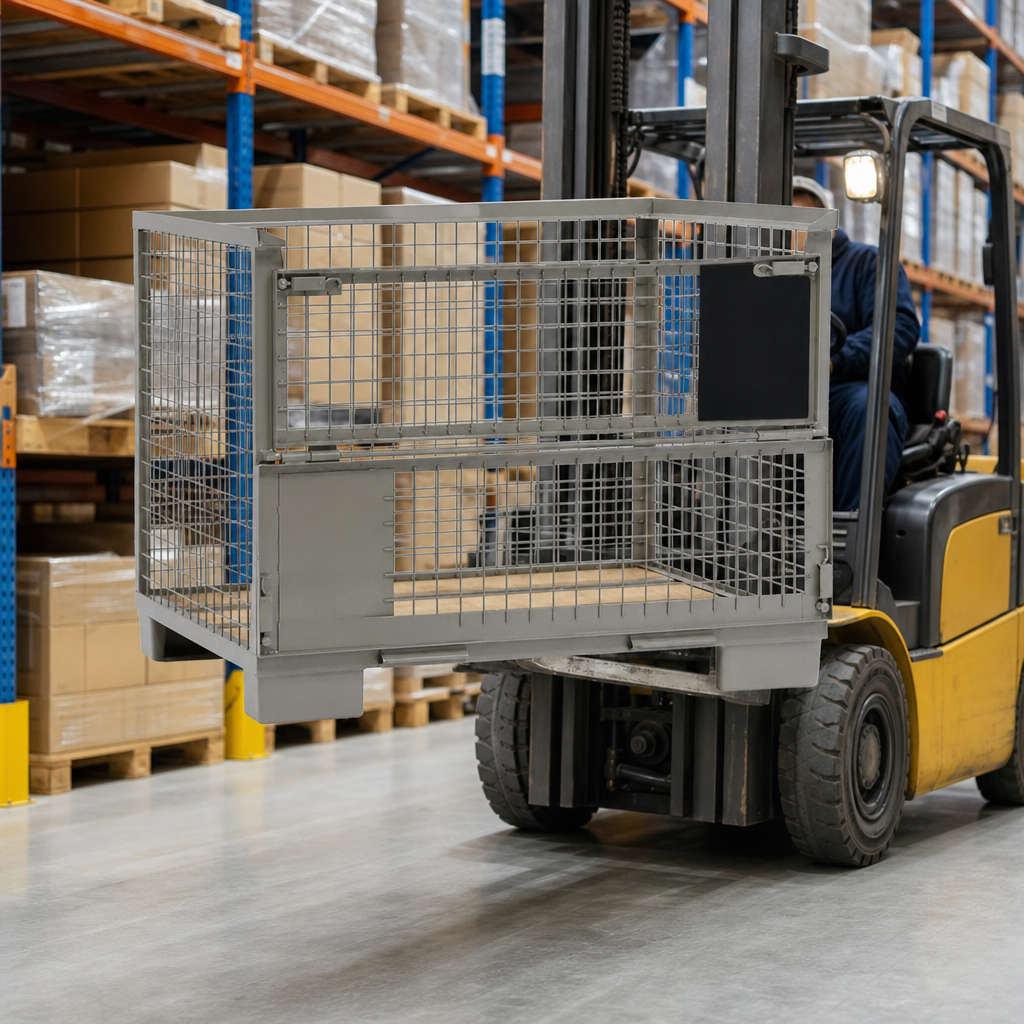 Steel Mesh Stillage with Half Drop Front and Forklift Guides
