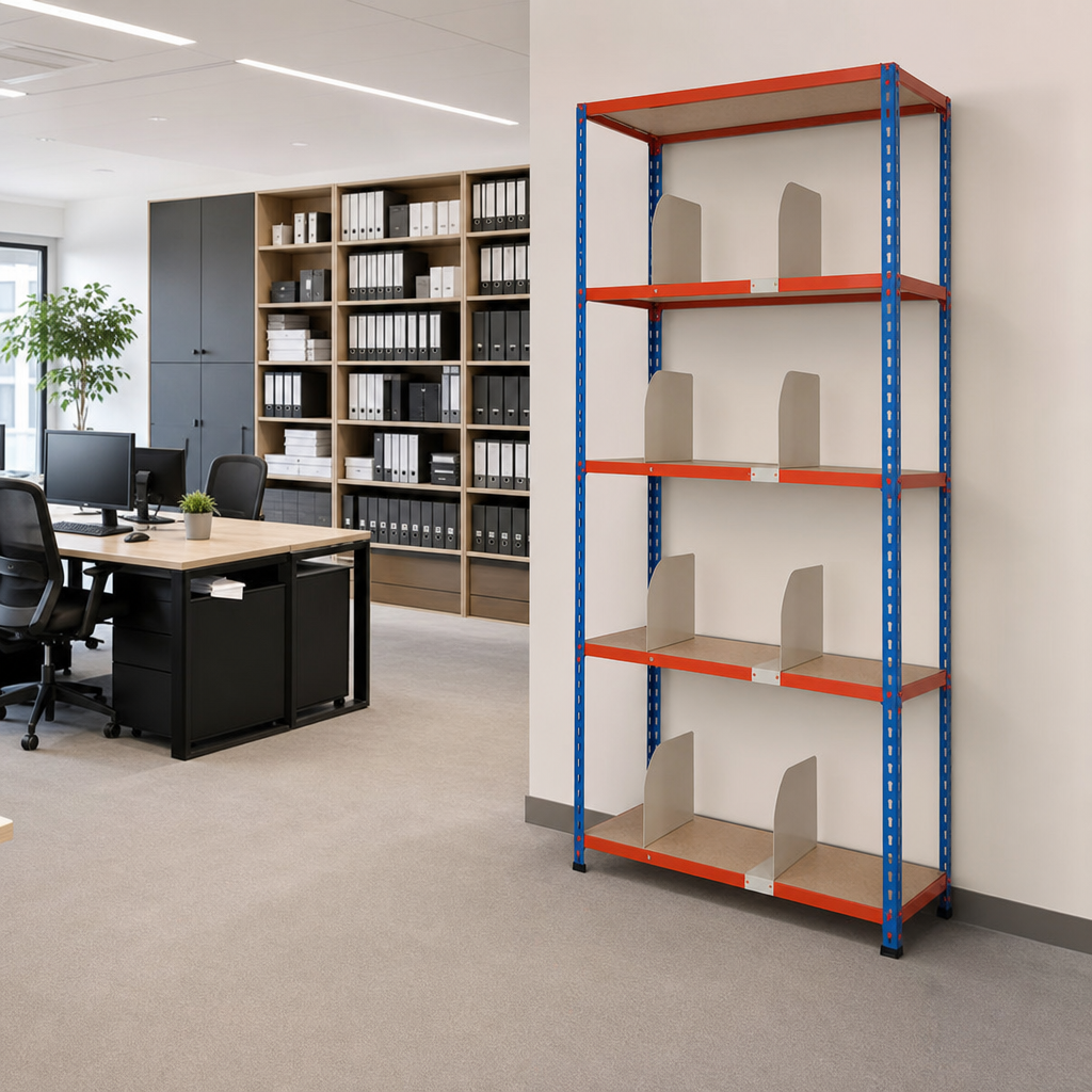 Steel Office Shelving with 5 Chipboard Shelves and 10 Dividers