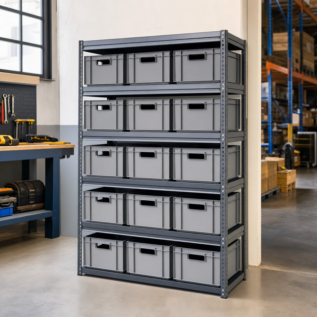 Steel Shelving Bay with 12 Solid Euro Containers