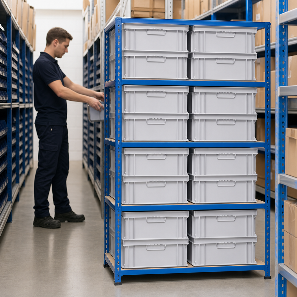 Steel Shelving Bay with 12 Solid Euro Containers
