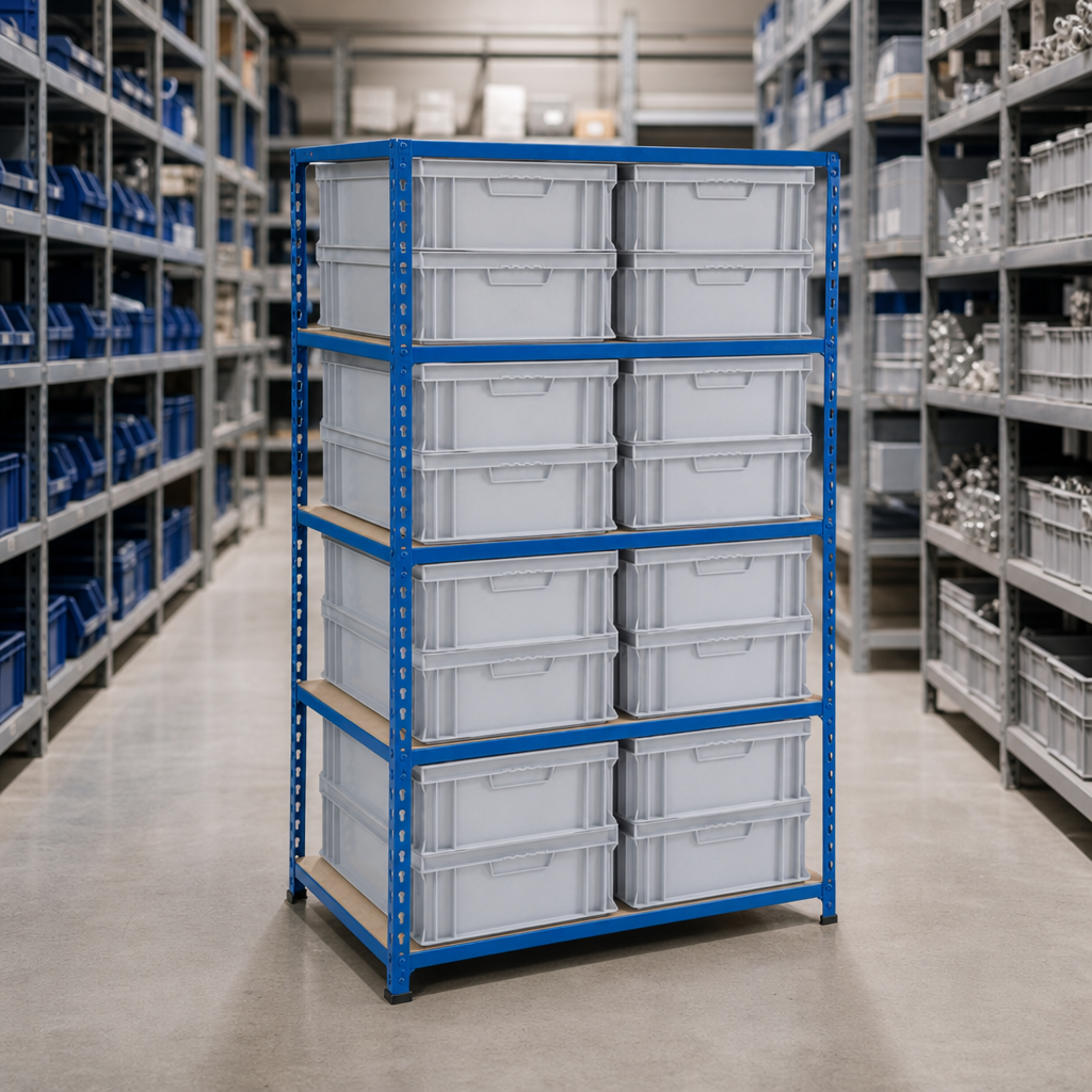 Steel Shelving Bay with 16 Solid Euro Storage Containers