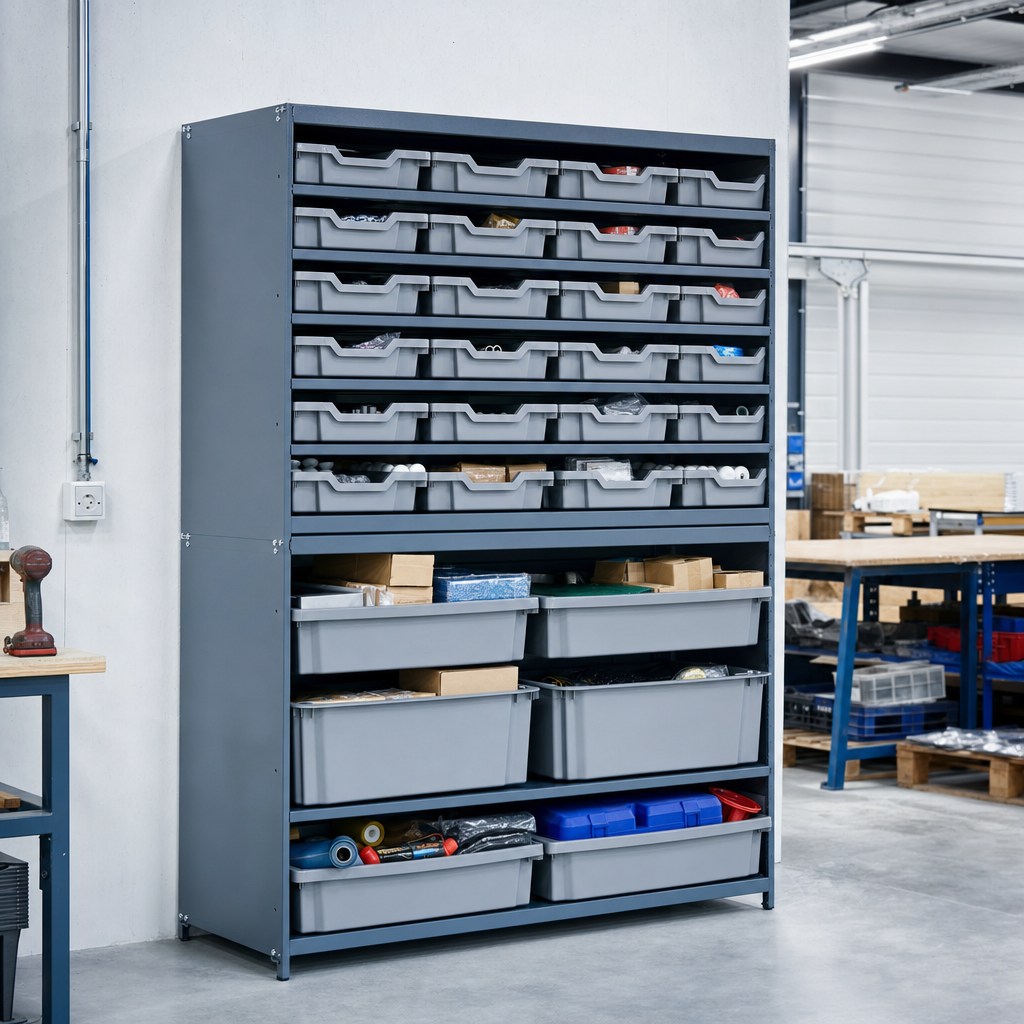 Steel Shelving Bay with 21 Shallow & 6 Jumbo Storage Trays