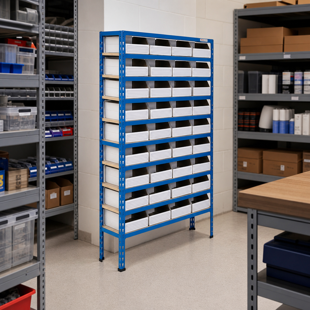 Steel Shelving Bay with 36 Cardboard Picking Bins