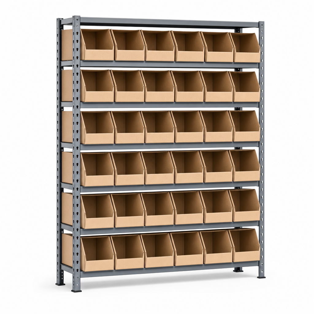 Steel Shelving Bay with 36 Cardboard Picking Bins