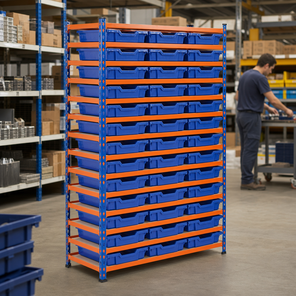 Steel Shelving Bay with 39 Shallow Tray Containers