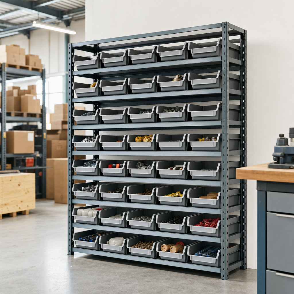 Steel Shelving Bay with 39 Shallow Tray Containers