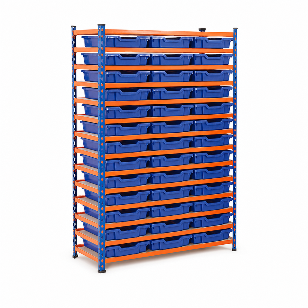 Steel Shelving Bay with 39 Shallow Tray Containers