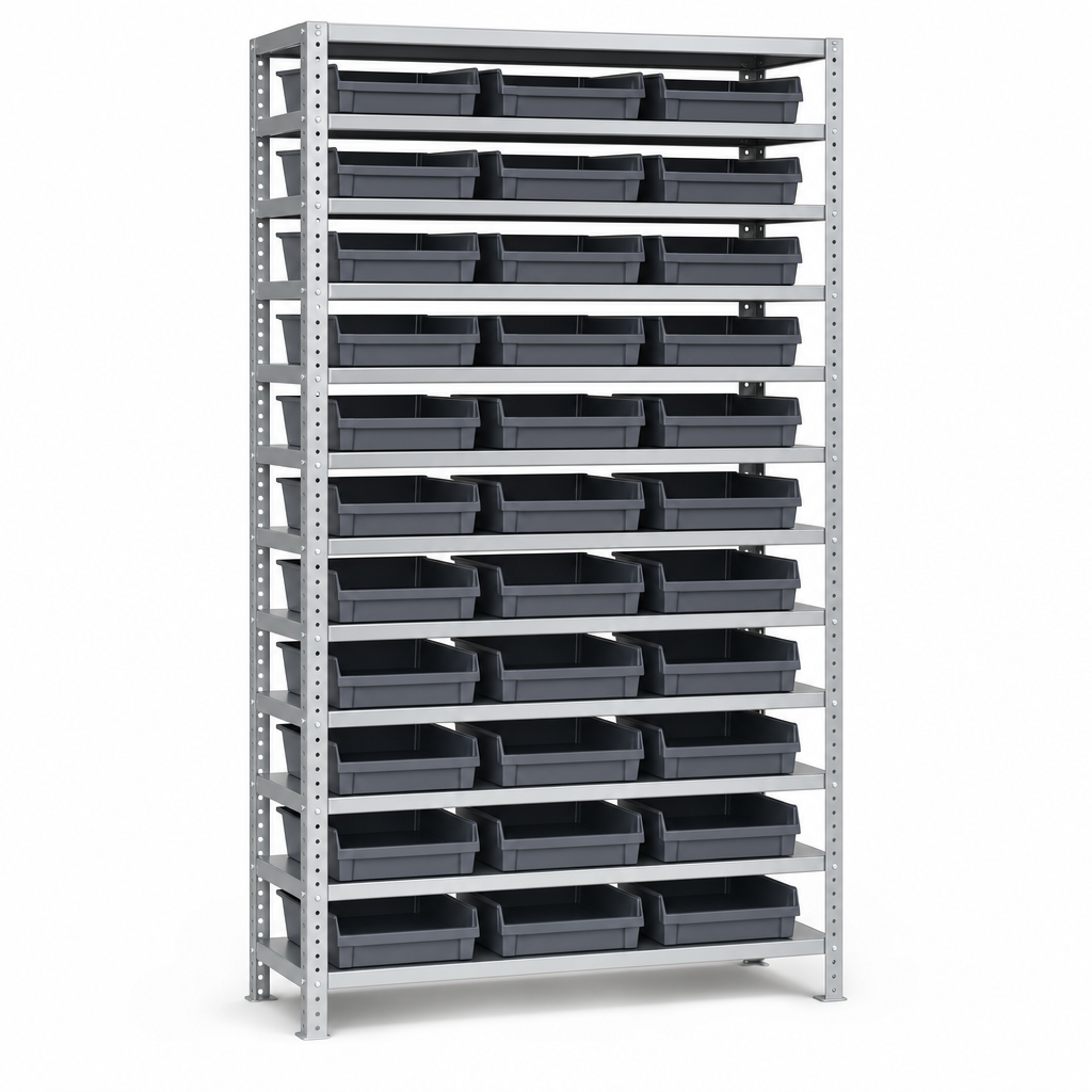 Steel Shelving Bay with 39 Shallow Tray Containers
