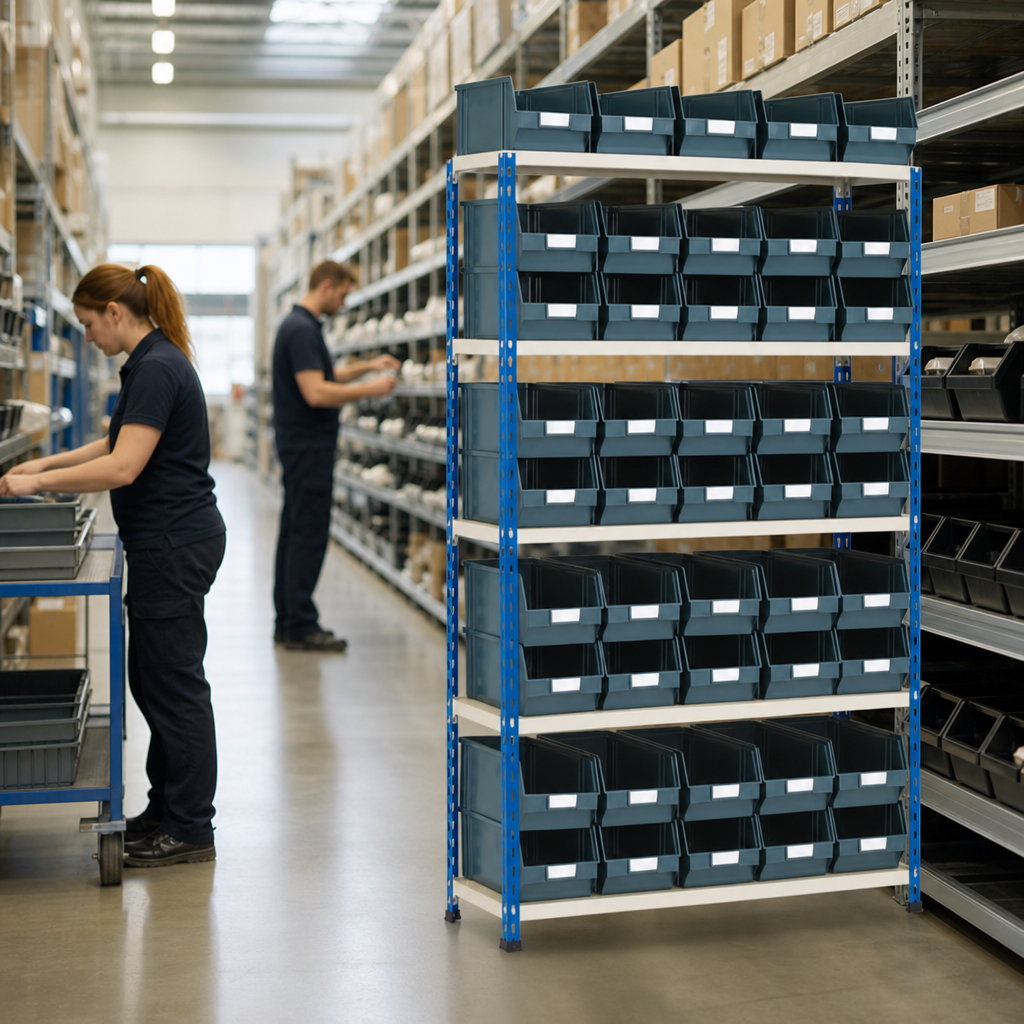 Steel Shelving Bay with 45 Small Parts Picking Bins