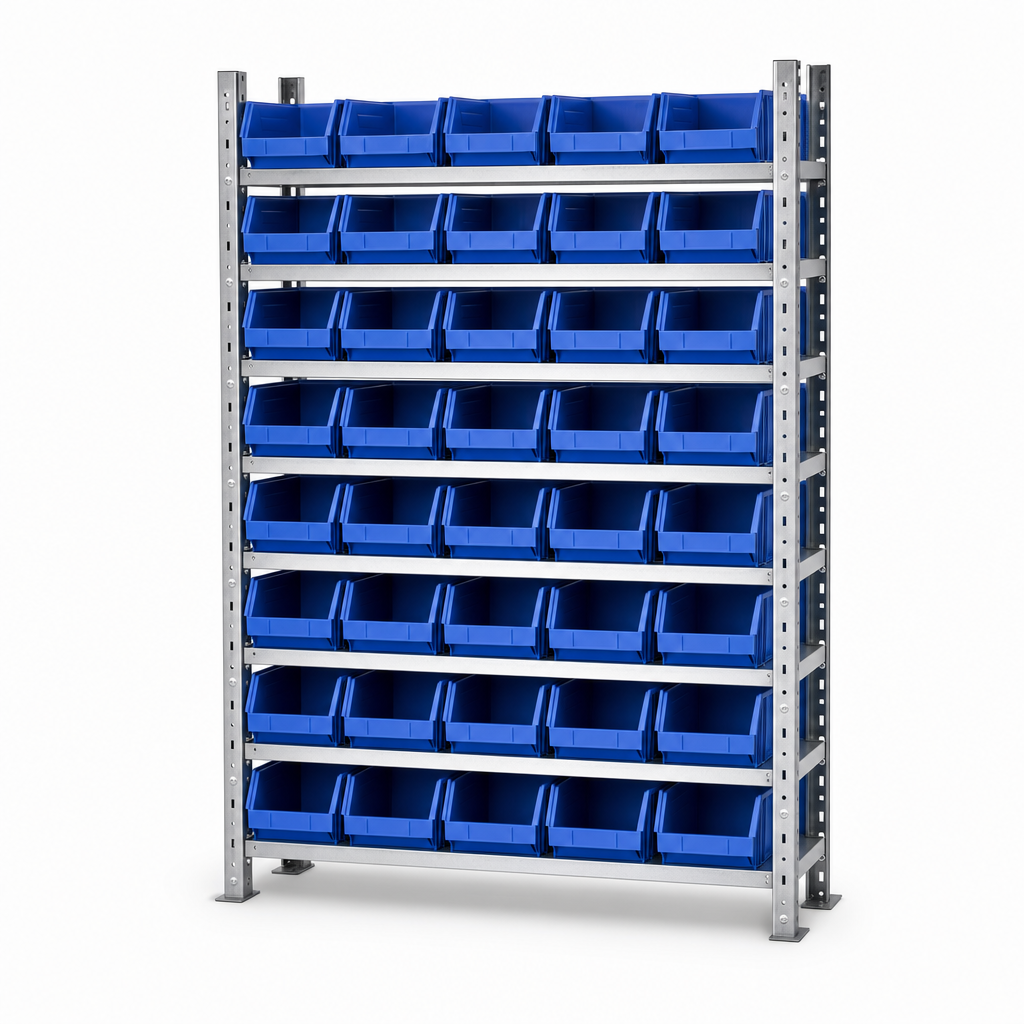 Steel Shelving Bay with 45 Small Parts Picking Bins