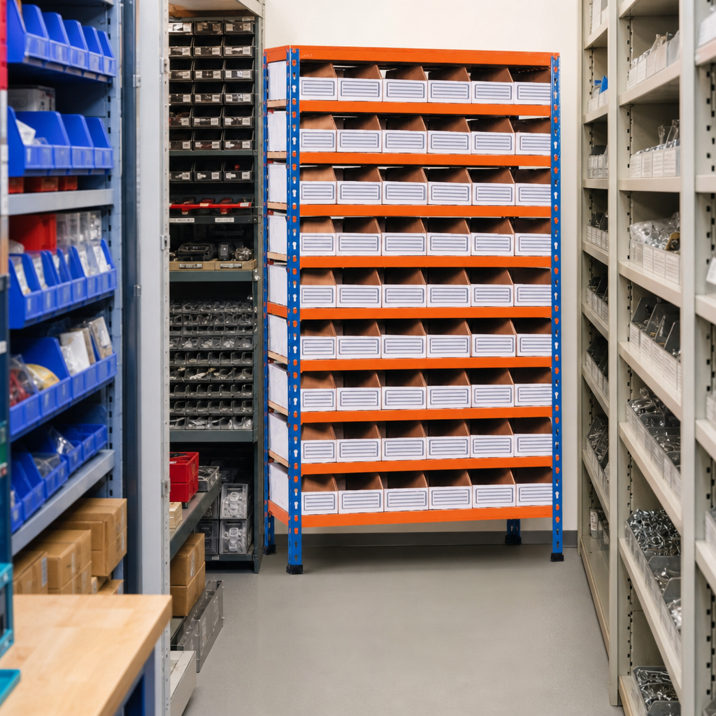 Steel Shelving Bay with 54 Cardboard Picking Bins 1600h x 915w