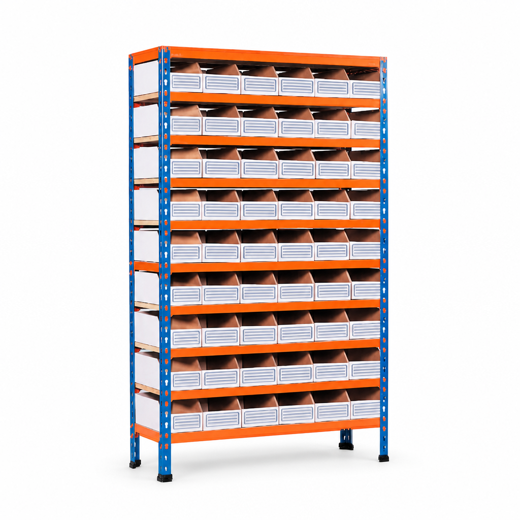 Steel Shelving Bay with 54 Cardboard Picking Bins 1600h x 915w