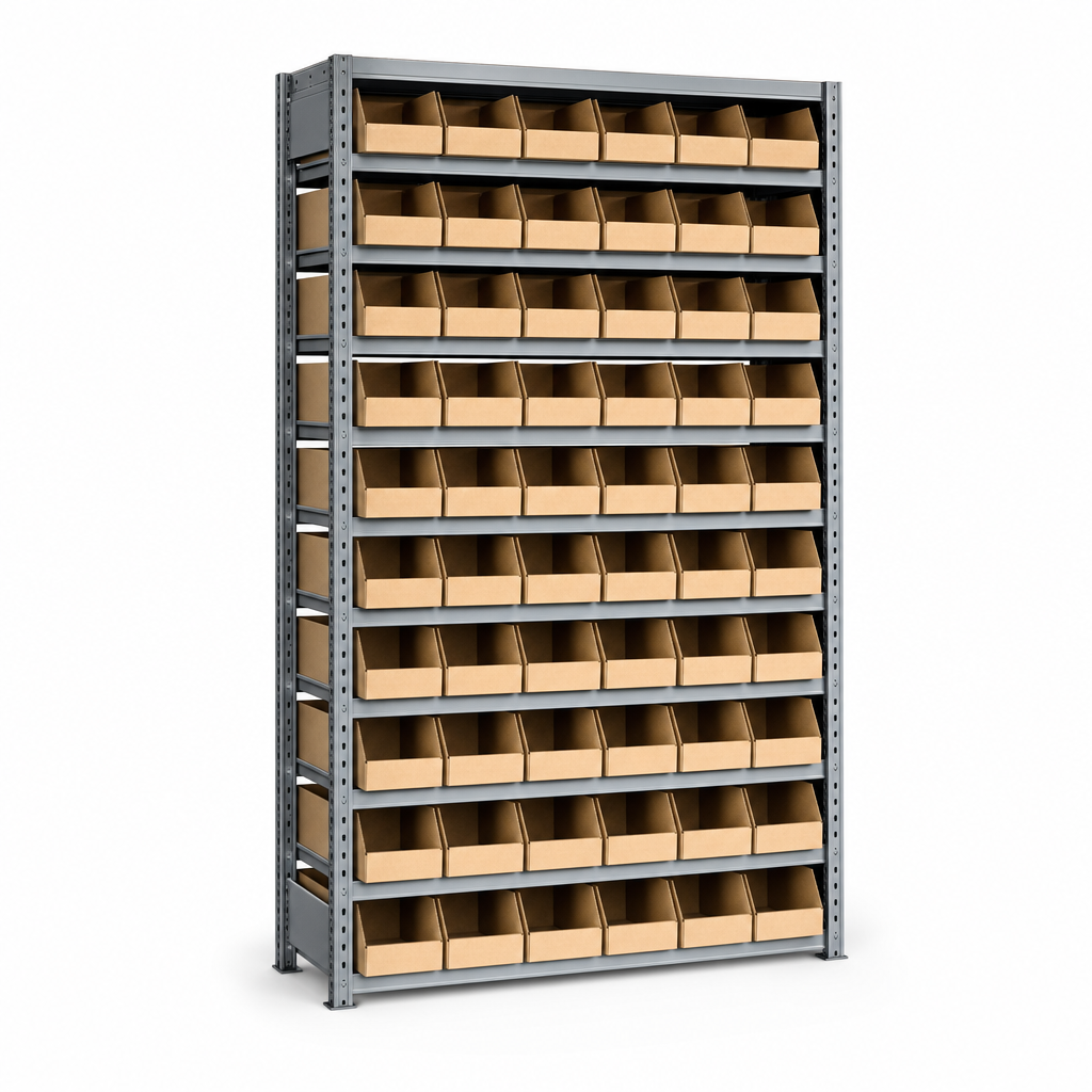 Steel Shelving Bay with 54 Cardboard Picking Bins 1600h x 915w