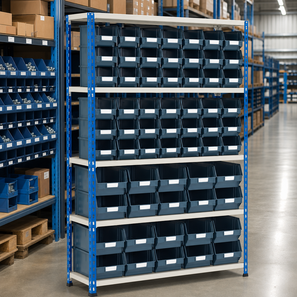 Steel Shelving Bay with 62 Small Parts Picking Bins