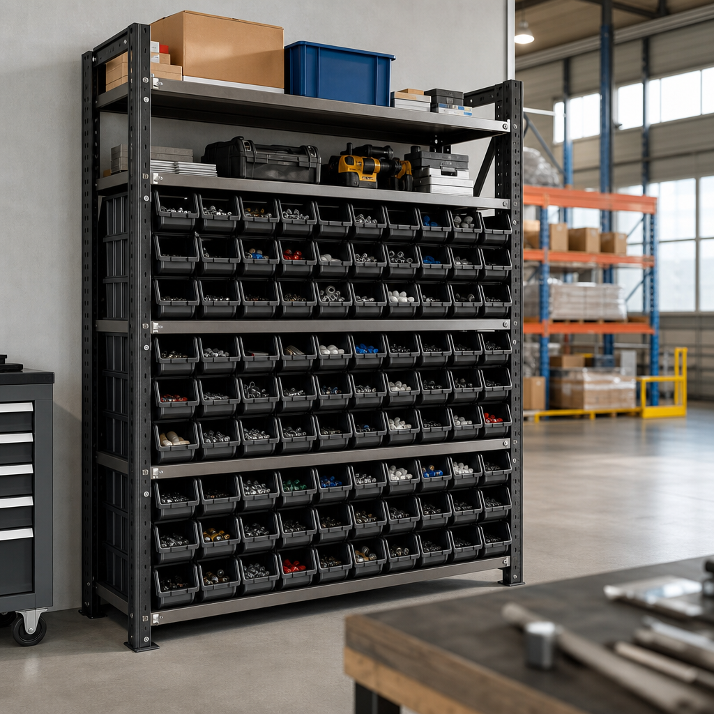 Steel Shelving Bay with 62 Small Parts Picking Bins