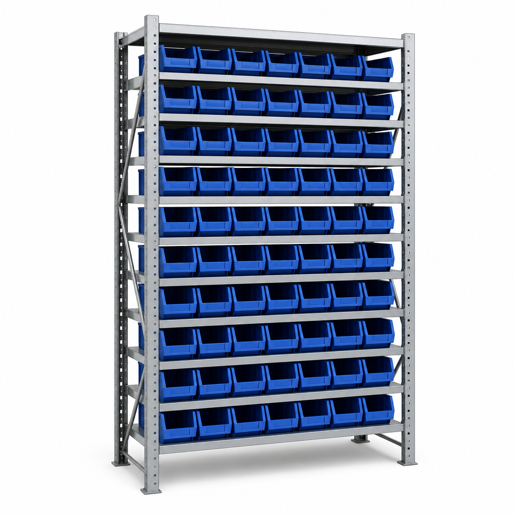 Steel Shelving Bay with 62 Small Parts Picking Bins