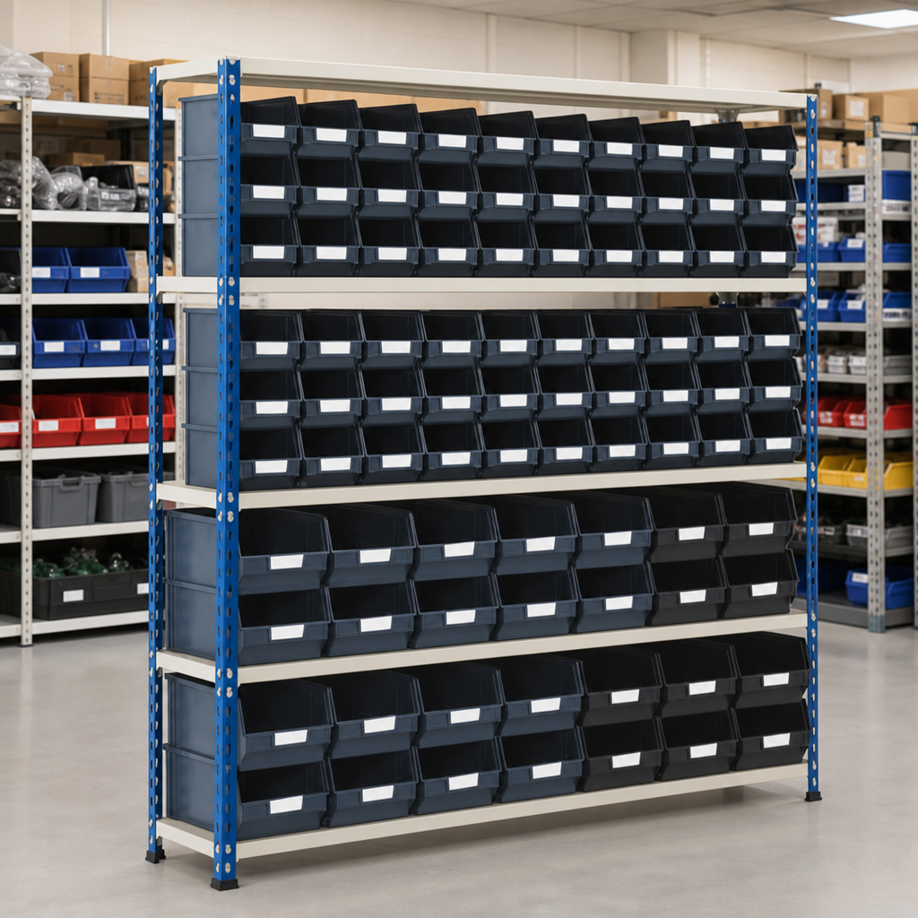 Steel Shelving Bay with 88 Plastic Picking Bins 1600h x 1525w