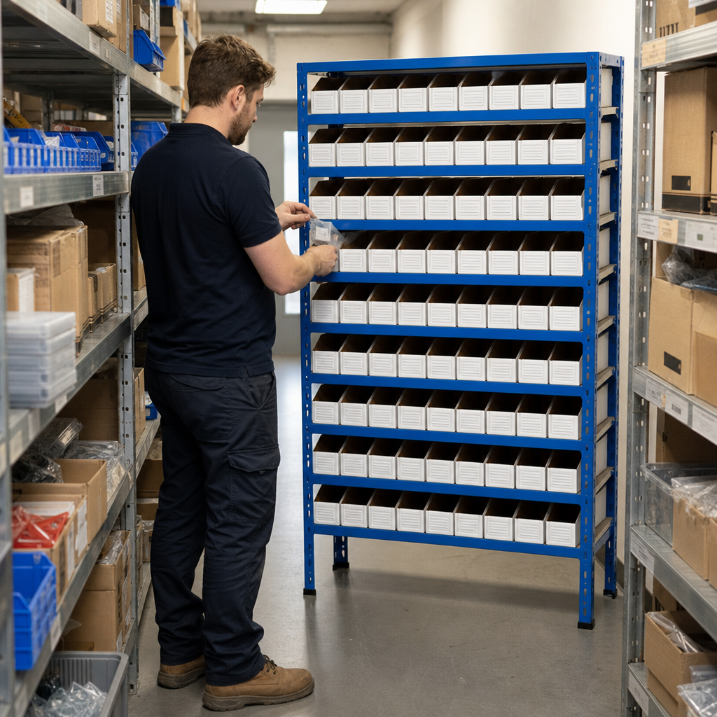 Steel Shelving Bay with 90 Cardboard Picking Bins