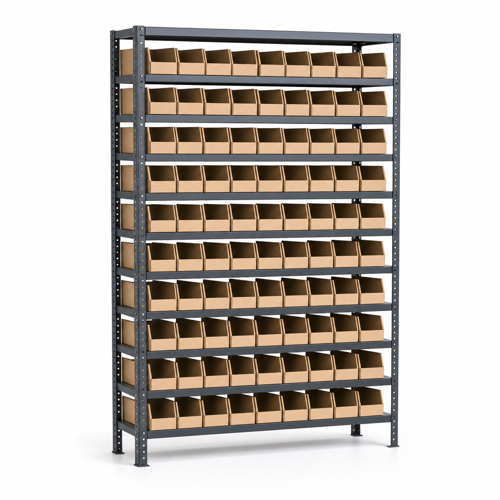 Steel Shelving Bay with 90 Cardboard Picking Bins