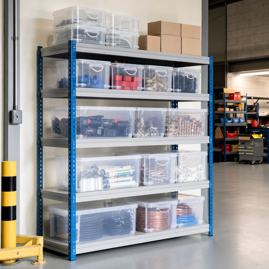 Steel Shelving Bay With Clear Storage Boxes