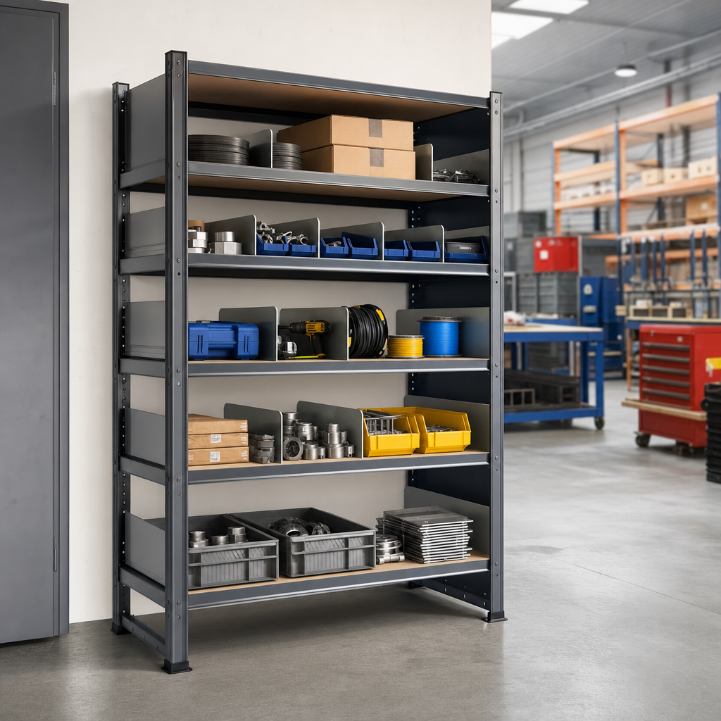 Steel Shelving Bay with Dividers, Back & Side Stops, 5 Shelves