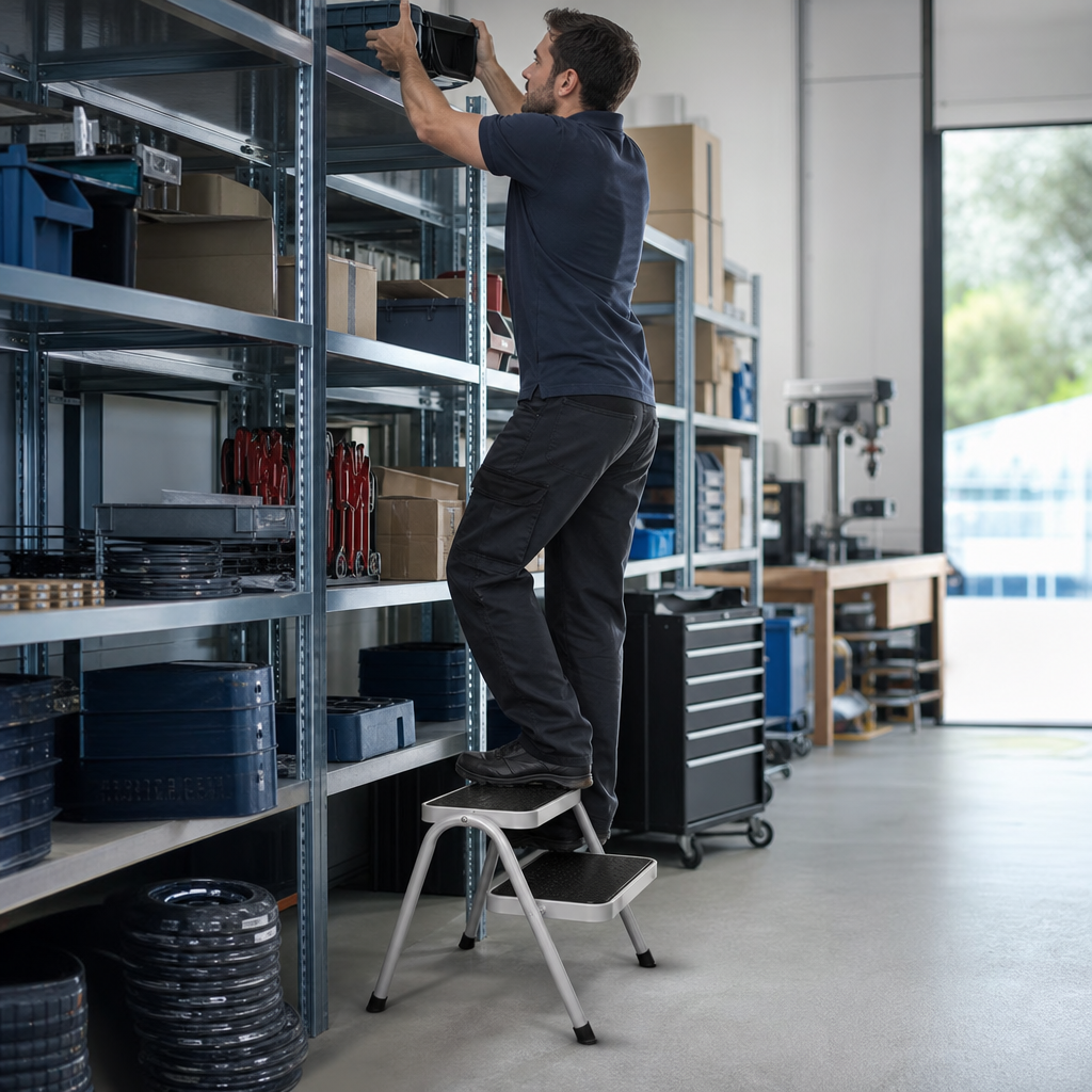 Steel Step Stool with Two Wide Steps and Anti-Slip Mat