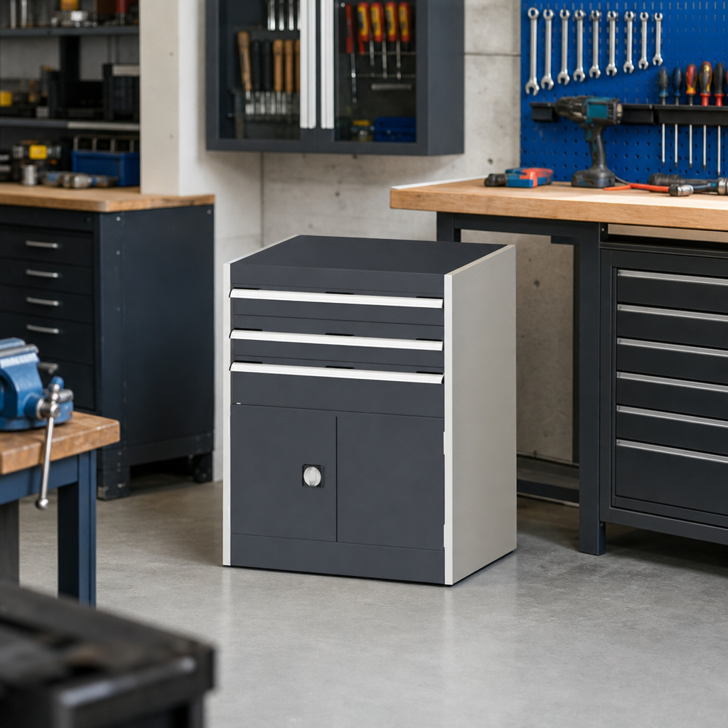 Steel Tool Cabinet with Perforated Doors and 3 Drawers 900x800x750