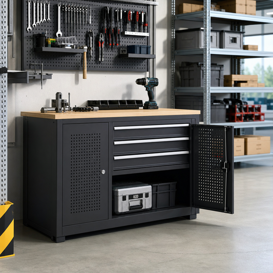 Steel Tool Cabinet with Perforated Doors and 3 Drawers 900x800x750