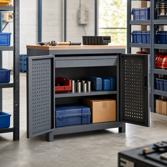 Steel Tool Cabinet with Perforated Doors, Shelf and Drawer 600x800x650mm