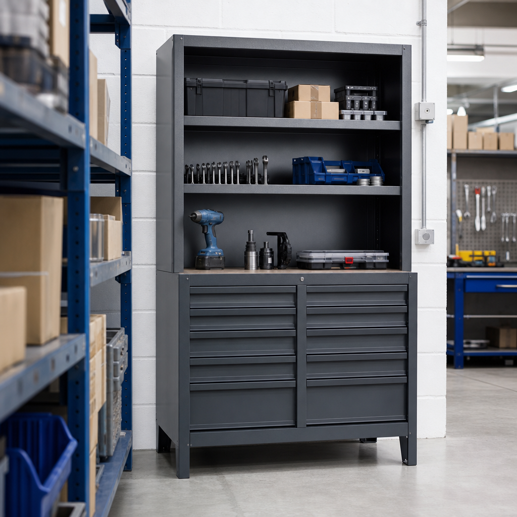 Steel Tool Cabinet with Shelf and Multi-Drawer Storage 900x1050mm